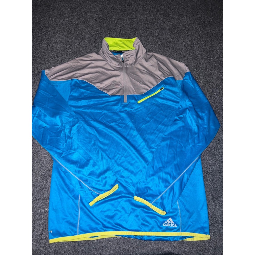 Adidas Mens Climalite 1/4 Zip Pullover Blue Grey Lime Green Size M RN 88387